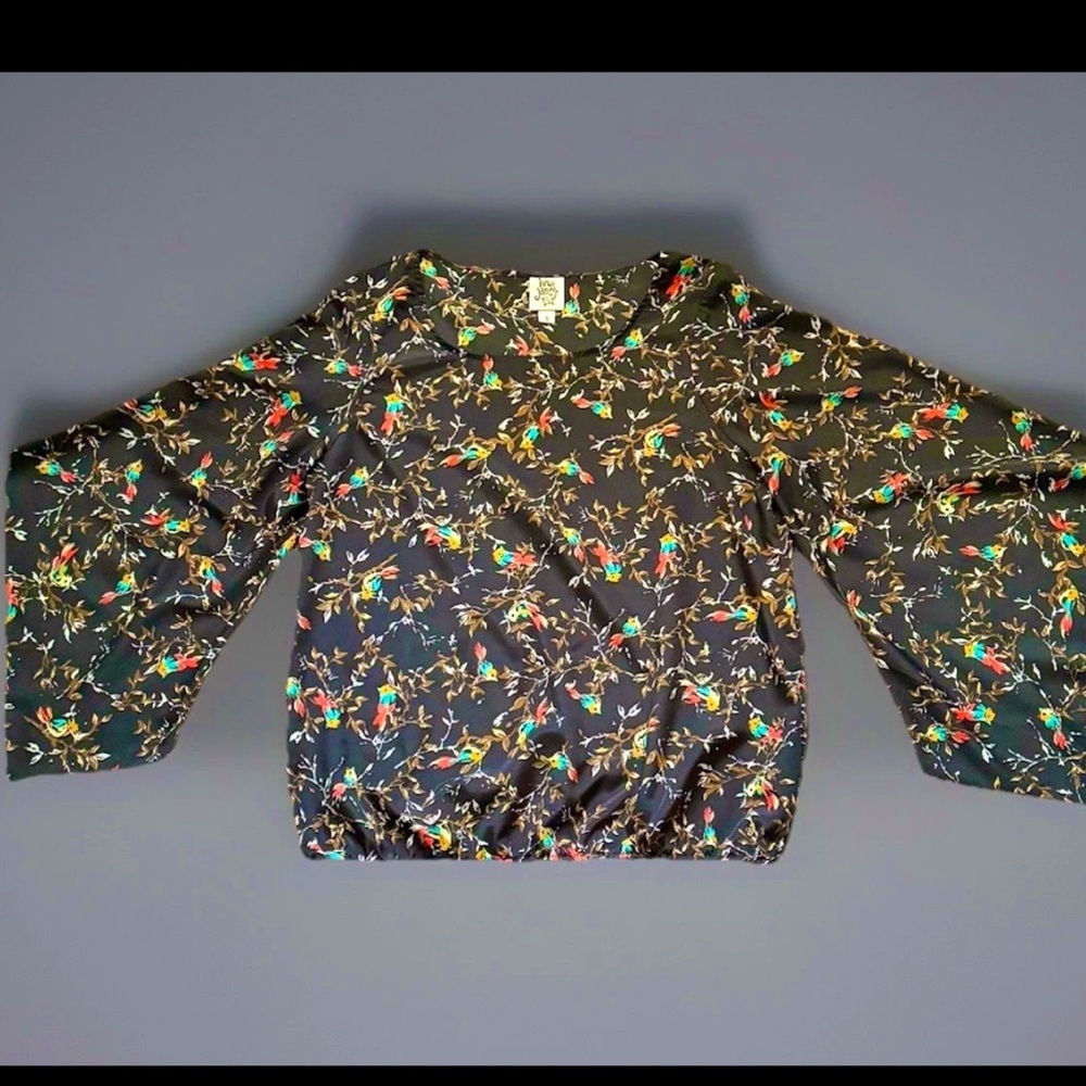 IVY JANE Blouse Womens Small Multicolor Bird Print Kimono Sleeve Elastic Waist